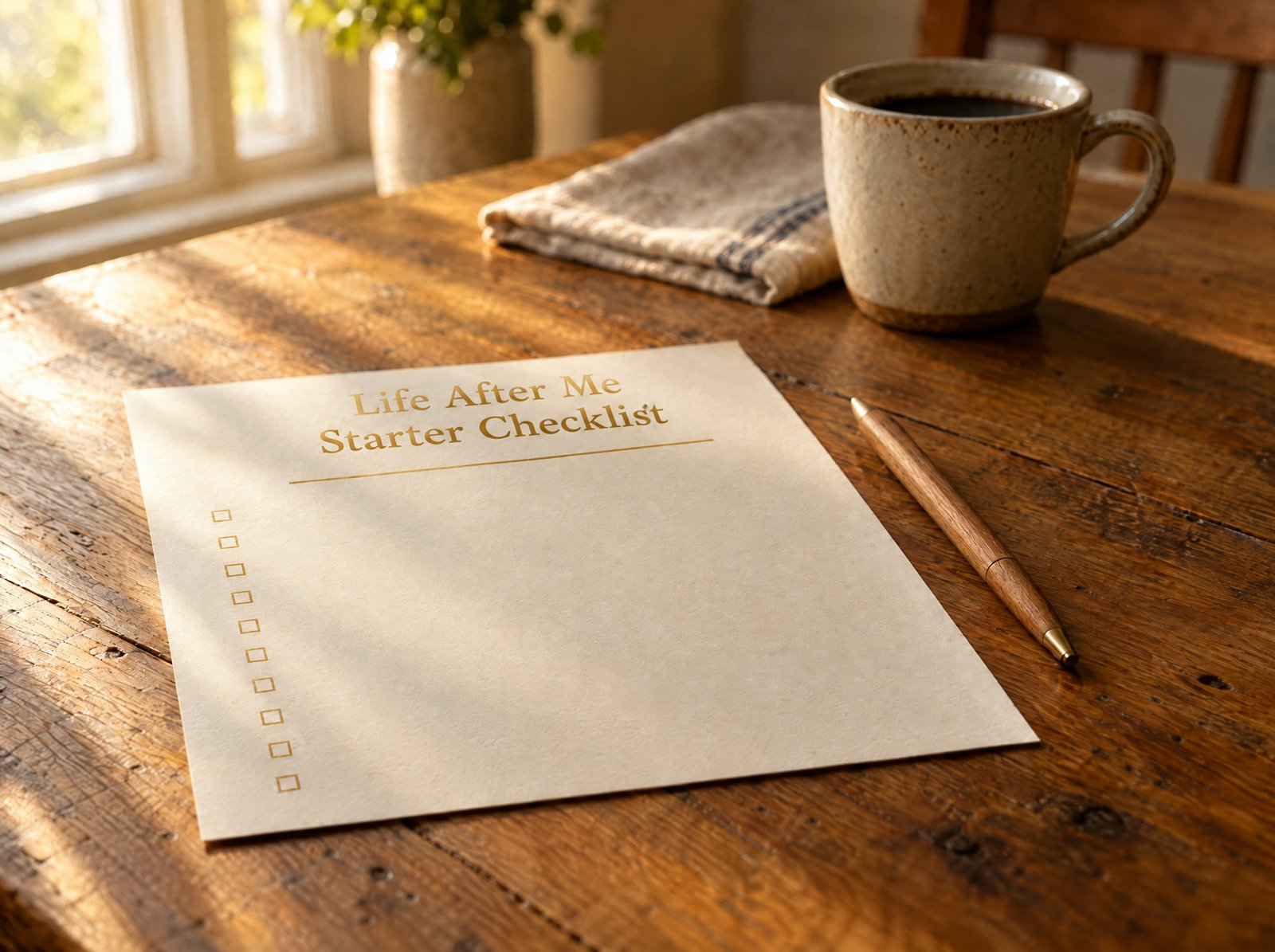 A single cream sheet of paper and a pen on a wooden kitchen table in morning light.