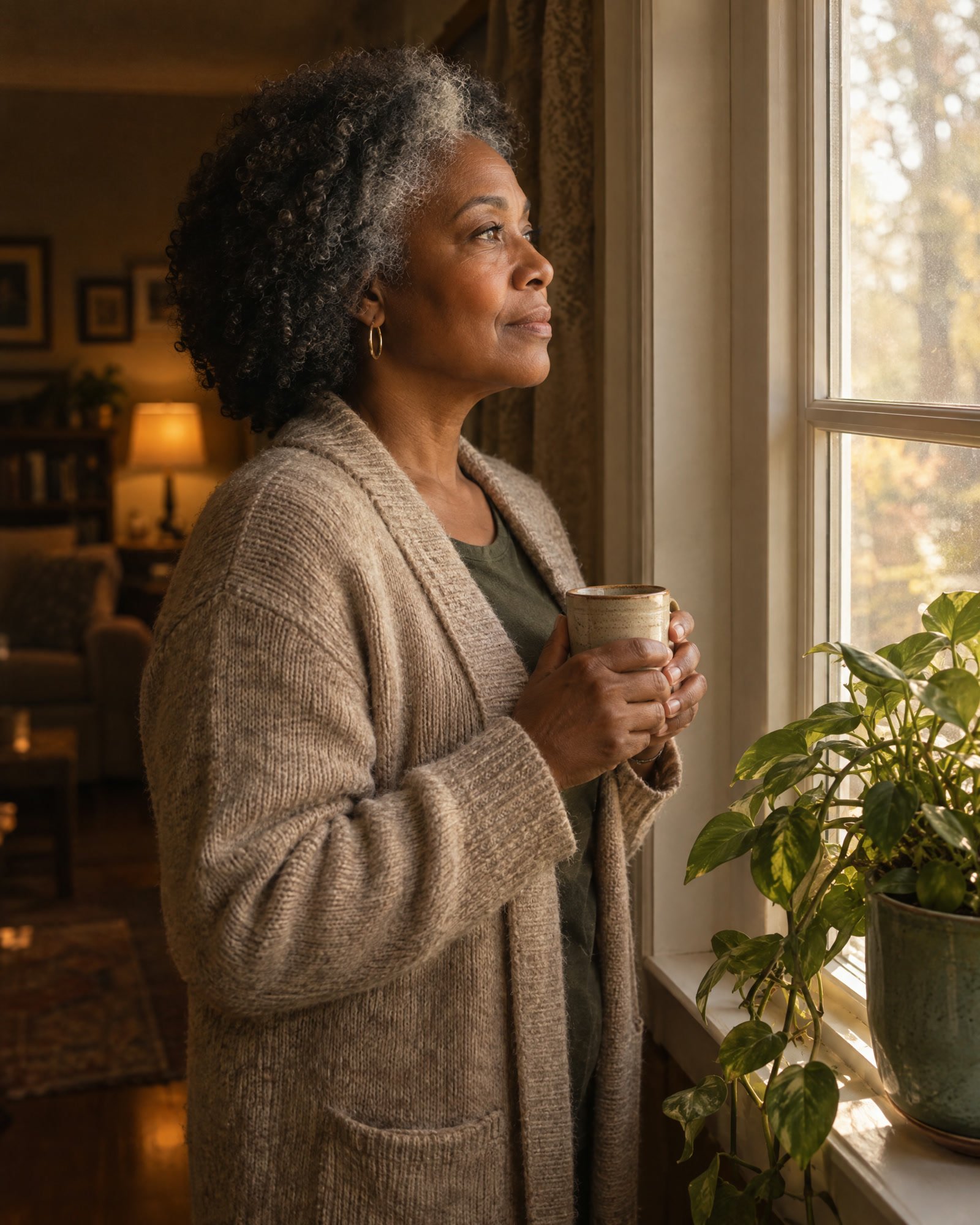 A mother at her kitchen window in early morning light, coffee in hand, quietly thinking.
